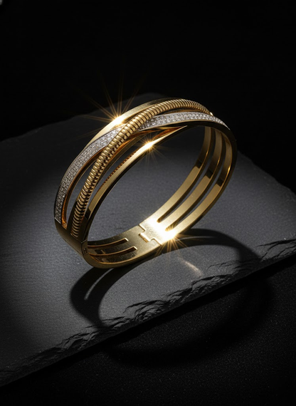 Gold Crossover Bangle Bracelet with Pavé Crystals & Rope Texture