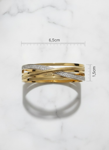 Gold Crossover Bangle Bracelet with Pavé Crystals & Rope Texture