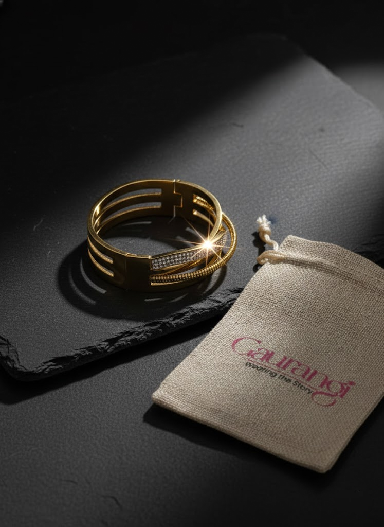 Gold Crossover Bangle Bracelet with Pavé Crystals & Rope Texture