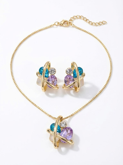 The Aurora Orbital Set: Gold-Toned Necklace & Earrings with Teal and Lavender Crystals