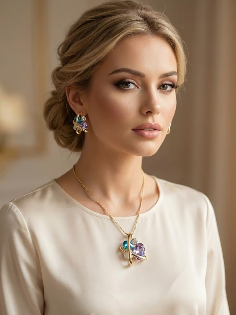 The Aurora Orbital Set: Gold-Toned Necklace & Earrings with Teal and Lavender Crystals