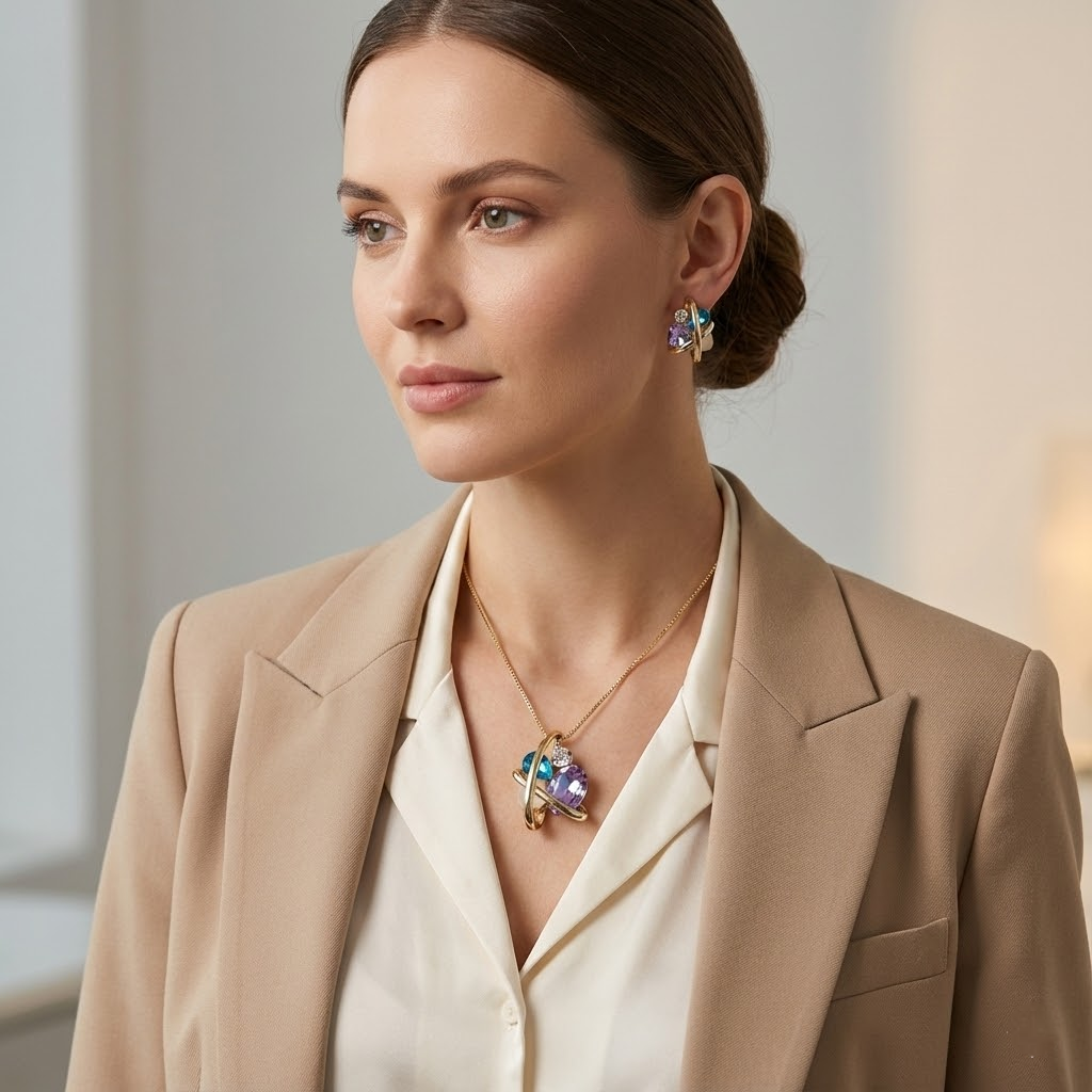 The Aurora Orbital Set: Gold-Toned Necklace & Earrings with Teal and Lavender Crystals