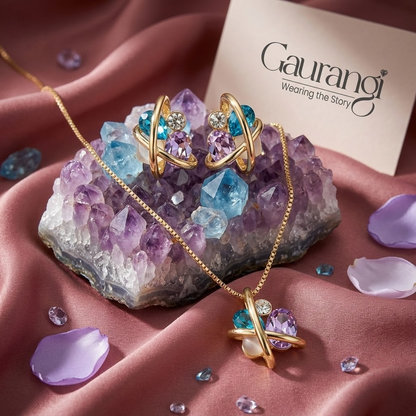 The Aurora Orbital Set: Gold-Toned Necklace & Earrings with Teal and Lavender Crystals