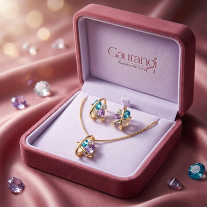 The Aurora Orbital Set: Gold-Toned Necklace & Earrings with Teal and Lavender Crystals