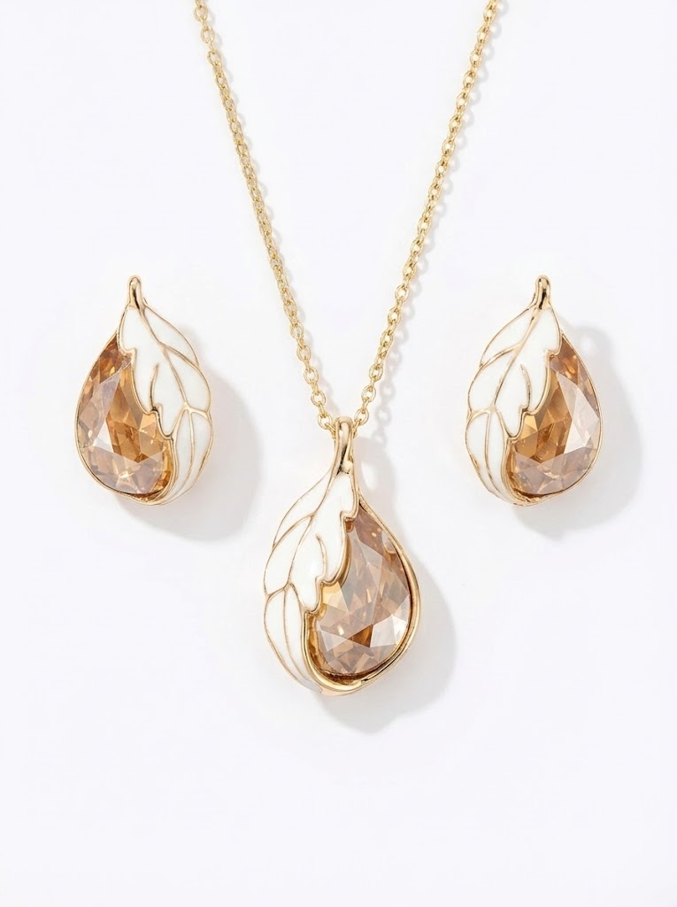 Gold-Toned Teardrop Necklace Set with Champagne Crystal & White Enamel Leaf