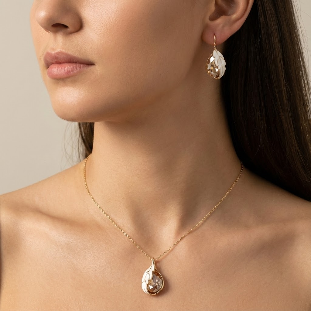 Gold-Toned Teardrop Necklace Set with Champagne Crystal & White Enamel Leaf