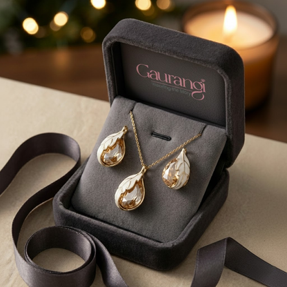 Gold-Toned Teardrop Necklace Set with Champagne Crystal & White Enamel Leaf