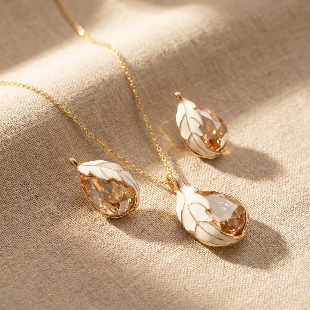 Gold-Toned Teardrop Necklace Set with Champagne Crystal & White Enamel Leaf