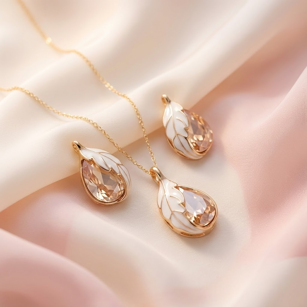 Gold-Toned Teardrop Necklace Set with Champagne Crystal & White Enamel Leaf