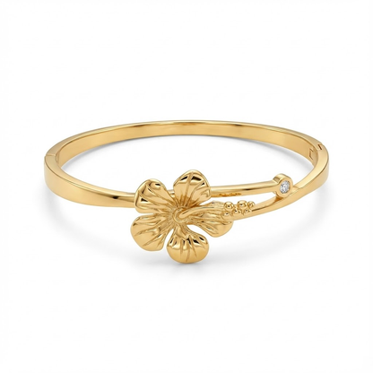 Gold Hibiscus Flower Bangle Bracelet with Crystal Accent