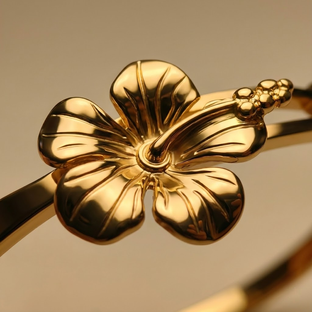 Gold Hibiscus Flower Bangle Bracelet with Crystal Accent