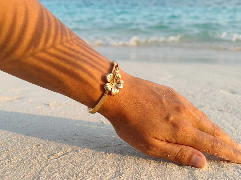 Gold Hibiscus Flower Bangle Bracelet with Crystal Accent