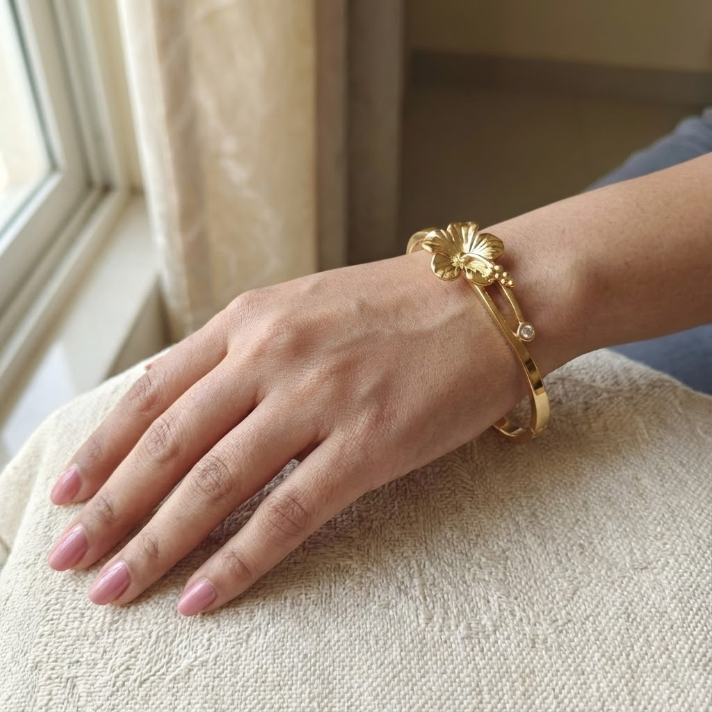 Gold Hibiscus Flower Bangle Bracelet with Crystal Accent