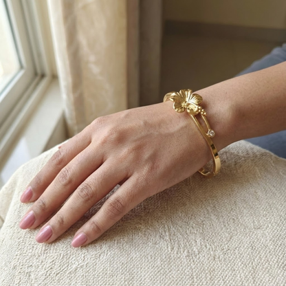 Gold Hibiscus Flower Bangle Bracelet with Crystal Accent