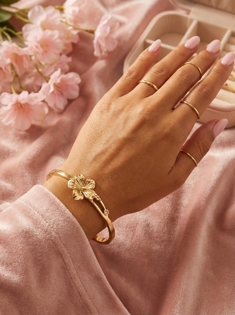 Gold Hibiscus Flower Bangle Bracelet with Crystal Accent