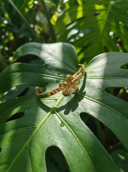 Gold Hibiscus Flower Bangle Bracelet with Crystal Accent