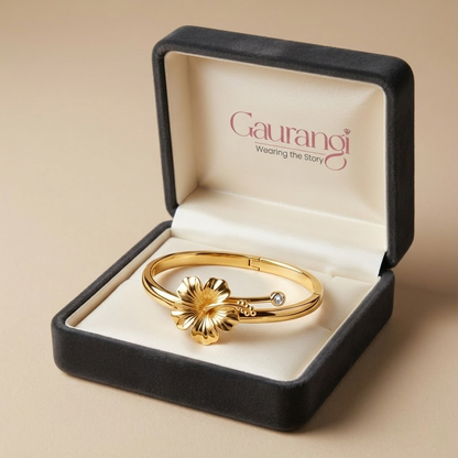 Gold Hibiscus Flower Bangle Bracelet with Crystal Accent