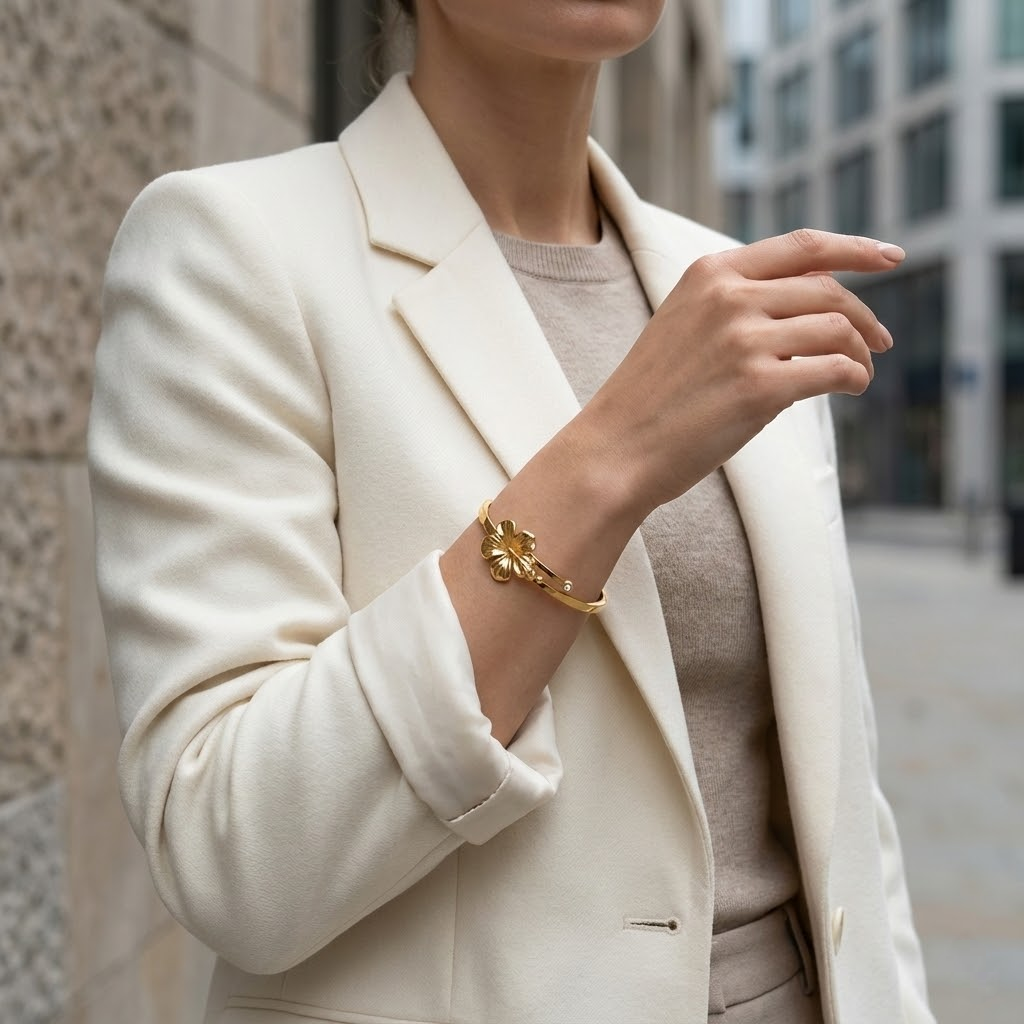 Gold Hibiscus Flower Bangle Bracelet with Crystal Accent
