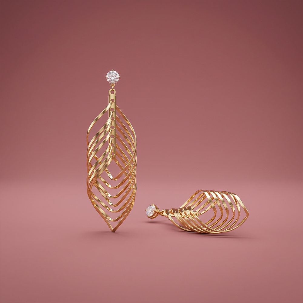 3D geometric gold chandelier drop earrings with crystal accent, open-wire 10.5cm statement design