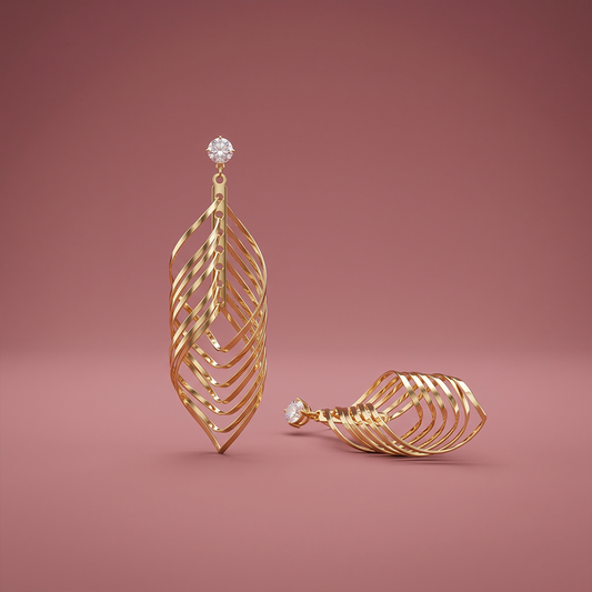 3D geometric gold chandelier drop earrings with crystal accent, open-wire 10.5cm statement design