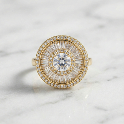 Radiant Sunburst Halo Cocktail Ring – Gold Statement Ring with Baguette & Round Stones | Luxury Party Wear